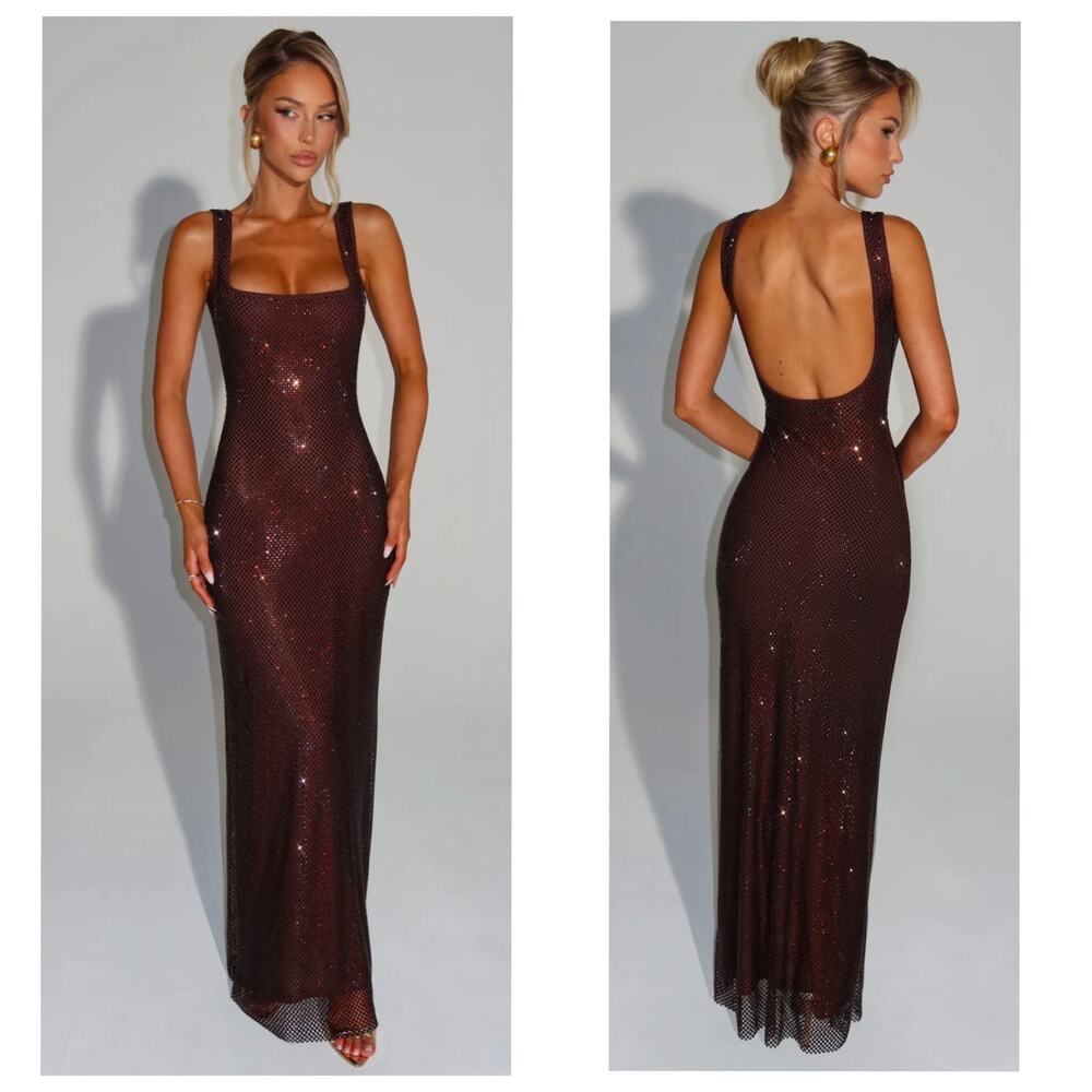 Babyboo Petra Maxi Dress Plum Brown Rhinestone Mesh Sheer Gown XS NWT